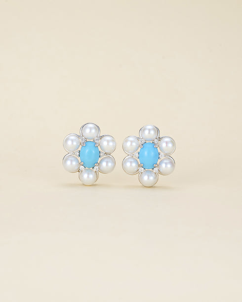 Blue Turquoise and Freshwater Pearl Floral Stud Earrings